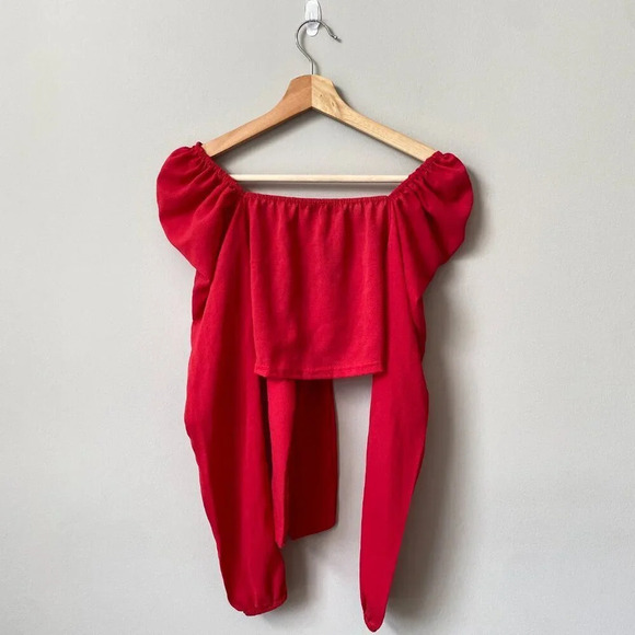 PrettyLittleThing Women's Size 2 Puff Long Sleeve Tie Bow Crop Top Blouse Red - Picture 2 of 16
